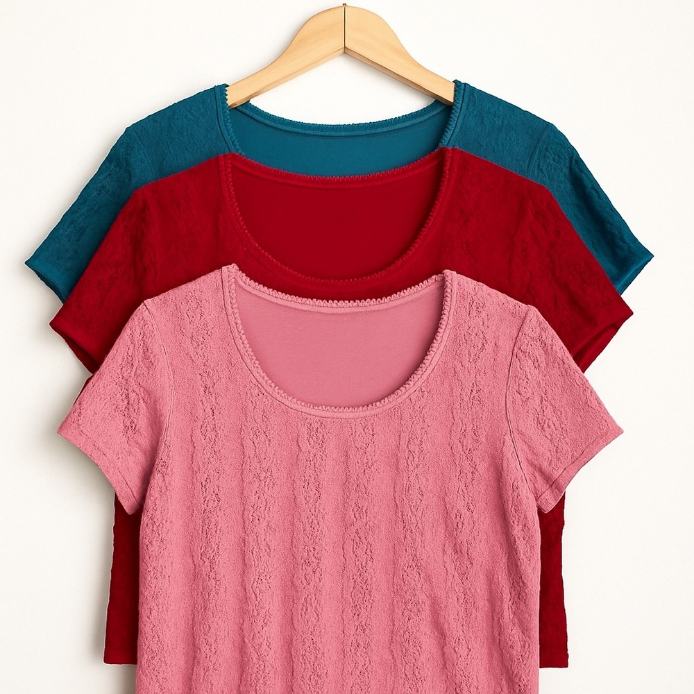 BiyAYCDA Lot of 3 Teal Red Pink Scoop Neck Stretch Feminine‎ Blouse Lace Tops